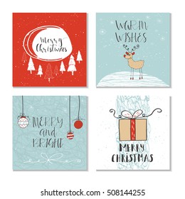 Set of 4 cute gift cards and hand drawn Christmas lettering. Can be used as poster with quote, T-shirt design or home decor element. Vector typography. Easy editable template.