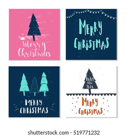 Set of 4 cute gift cards and hand drawn Christmas lettering. Can be used as poster with quote, T-shirt design or home decor element. Vector typography. Easy editable template.