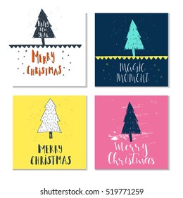 Set of 4 cute gift cards and hand drawn Christmas lettering. Can be used as poster with quote, T-shirt design or home decor element. Vector typography. Easy editable template.