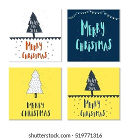 Set of 4 cute gift cards and hand drawn Christmas lettering. Can be used as poster with quote, T-shirt design or home decor element. Vector typography. Easy editable template.