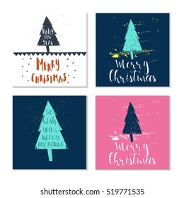 Set of 4 cute gift cards and hand drawn Christmas lettering. Can be used as poster with quote, T-shirt design or home decor element. Vector typography. Easy editable template.