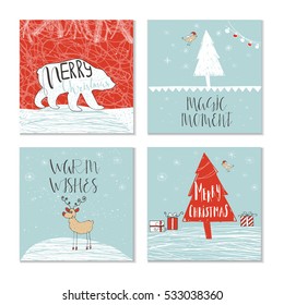 Set of 4 cute gift cards and hand drawn Christmas lettering. Can be used as poster with quote, T-shirt design or home decor element. Vector typography. Easy editable template.