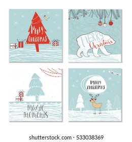 Set of 4 cute gift cards and hand drawn Christmas lettering. Can be used as poster with quote, T-shirt design or home decor element. Vector typography. Easy editable template.