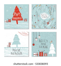 Set of 4 cute gift cards and hand drawn Christmas lettering. Can be used as poster with quote, T-shirt design or home decor element. Vector typography. Easy editable template.