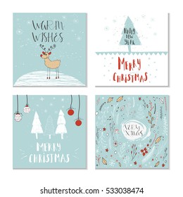 Set of 4 cute gift cards and hand drawn Christmas lettering. Can be used as poster with quote, T-shirt design or home decor element. Vector typography. Easy editable template.