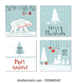 Set of 4 cute gift cards and hand drawn Christmas lettering. Can be used as poster with quote, T-shirt design or home decor element. Vector typography. Easy editable template.