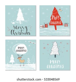 Set of 4 cute gift cards and hand drawn Christmas lettering. Can be used as poster with quote, T-shirt design or home decor element. Vector typography. Easy editable template.