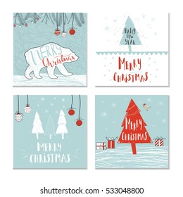 Set of 4 cute gift cards and hand drawn Christmas lettering. Can be used as poster with quote, T-shirt design or home decor element. Vector typography. Easy editable template.