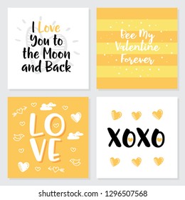 Set of 4 cute gift romantic postcards, hearts, Quotes and magic Vector printable collection of Valentine's Day card, invitation, poster in gentle colors template design