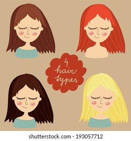 Set of 4 cute girls with different hair types