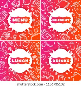 Set of 4 cute hand drawn poster menu for cafe on food background. Linear doodle illustration.