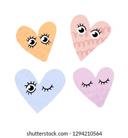 Set of 4 cute heart character illustrations.  Ready-to-print design template. Clothes badge, banner, tag. Vector illustration.