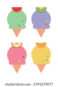 Set of 4 cute ice cream cones with fruit slices including watermelon, kiwi, apple, and orange. Minimalist vector illustration of summer frozen desserts with star sprinkles for cafe menus.