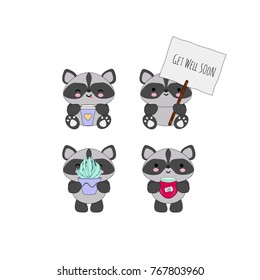 Set of 4 cute kawaii raccoons with funny faces, perfect for stickers, patches, greeting cards, etc.