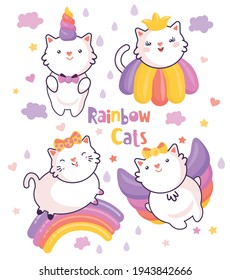 Set of 4 cute kawaii rainbow cats, isolated on white for stickers, cards, labels and tags. Minimal style