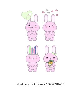 Set of 4 cute kawaii vector rabbits in pink, perfect for stickers, patches, etc.