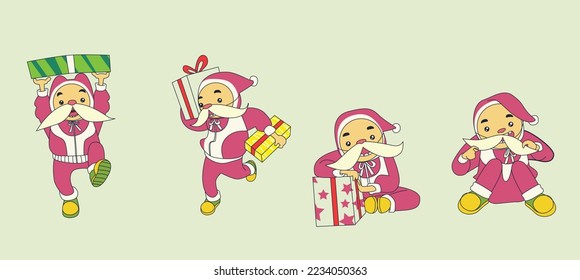 set of 4 cute kid characters in santa costumes playing with gifts.