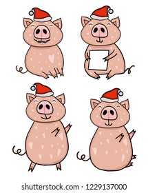 Set of 4 cute pigs in Santa hat. Animal cartoon character vector.