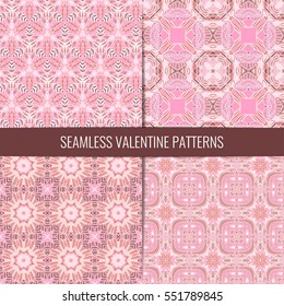 Set of 4 cute pink and chocolate brown seamless valentine patterns. Wavy and swirl.