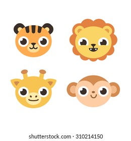 Set of 4 cute savanna animals: tiger, lion, giraffe and monkey. Flat cartoon style.