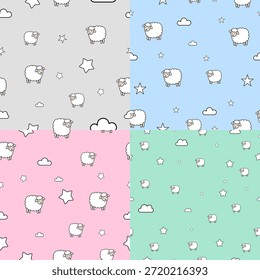 Conjunto de 4 lindos patrones sin costuras de ovejas con nubes y estrellas. colección de fondo de vivero de Vector en colores azul pastel, rosa, verde y gris. Dibujado a mano doodle ilustración animal para la tela del bebé, textil, Fondo de pantalla, y papel de embalaje.