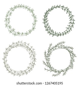 Set of 4 Cute Simple Vector Wreaths. Funny Infantile Style Design. Green Round Shape Garland. Funny Hand Drawn Garland Made of Abstract Twigs. Green Round Shape Frames Isolated on White Background,