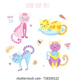 Set of 4 cute smiling cats in the cartoon style on a white background. Positive character.