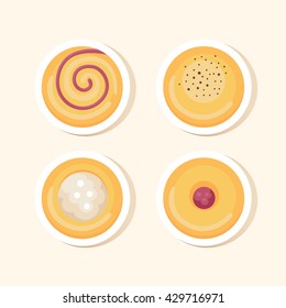 Set of 4 cute stickers with cartoon sweet buns. Vector illustration