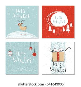 Set of 4 cute unique cards with quote Hello winter. Easy editable template. Vector illustration
