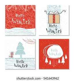 Set of 4 cute unique cards with quote Hello winter. Easy editable template. Vector illustration