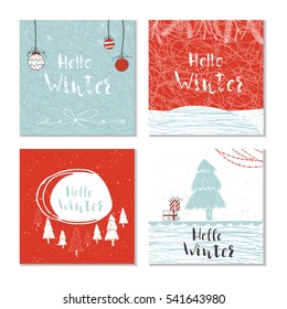 Set of 4 cute unique cards with quote Hello winter. Easy editable template. Vector illustration