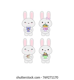 Set of 4 cute vector rabbits with carrot, coffee, cupcake and pizza, perfect for  stickers, patches, etc.