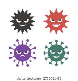 Set of 4 cute virus and bacteria character icons in various colors and expressions. Fun vector illustrations for health education, medical awareness, and disease prevention for children.