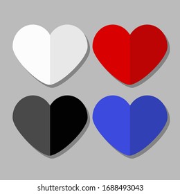 
Set of 4 cute volumetric hearts of different colors for social networks of white, red, black and blue. Symbol of love on Valentine's Day, for postcard and website design.