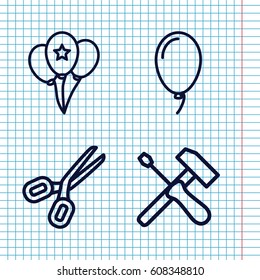 Set of 4 cutout outline icons such as balloon, scissors