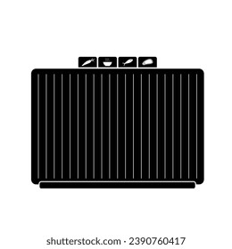 Set of 4 cutting boards in holder from front view. Silhouette flat vector isolated on white background.  Cutting board for vegetable, meat, sea food, cooked food. Black and white kitchen utensils icon