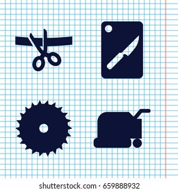Set of 4 cutting filled icons such as lawn mower, blade saw, chopping board and knife