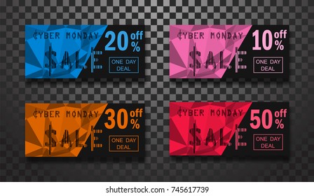Set of 4 Cyber Monday banners 10 20 30 and 50 % discount.  Modern stylish geometric design. Colorful label with triangles. Cyber Monday script barcode style.  Vector illustration. EPS 10.