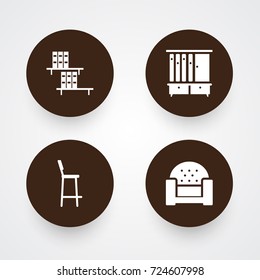 Set Of 4 Decor Icons Set.Collection Of Bookcase, Wardrobe, Sofa And Other Elements.