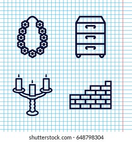Set of 4 decor outline icons such as nightstand, garland, candlestick