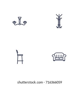 Set Of 4 Decor Outline Icons Set.Collection Of Armchair, Bar Stool, Chandelier Elements.