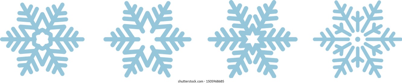 Set of 4 decorative blue snowflakes. Snowflakes icon. Vector illustration isolated on white background. 