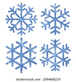 Conjunto de 4 copos de nieve azules decorativos. Icono de copos de nieve. Ilustración vectorial.