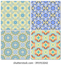 Set of 4 decorative mosaic seamless patterns. Endless prints with geometric ornaments in blue and yellow shades. Colorful repeating artistic backdrop. For cloth design, covers, wallpaper, wrapping