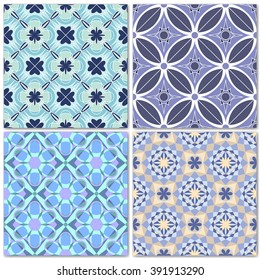 Set of 4 decorative mosaic seamless patterns. Endless prints with geometric ornaments in blue shades. Colorful repeating artistic backdrop with stylized flowers. For cloth design, wallpaper, wrapping