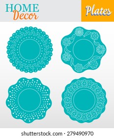 Set of 4 decorative plates for interior design - turquoise floral. Vector illustration.