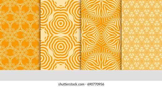 set of 4 decorative seamless orange ornaments for decoration wallpaper, fabric print, background texture. vector illustration. 