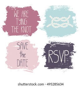 Set of 4 decorative wedding and romantic elements. Watercolour hand drawn squares with lettering and navy decorations. Trendy pastel pink, beige and blue shapes with rough edges isolated on white