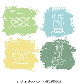 Set of 4 decorative wedding and romantic elements. Watercolour hand drawn squares with lettering and navy decorations. Trendy pastel green, yellow and blue shapes with rough edges isolated on white