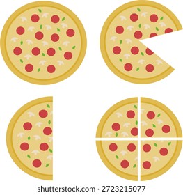 Set of 4 Delicious Pepperoni Pizza Vectors with Mushrooms and Fresh Basil - Italian Food Illustrations for Menu Design, Restaurant Branding, and Web Graphics.

A professional collection of four pepperoni pizza vector illustrations, topped with sliced mushrooms and fresh green basil leaves. These high-quality graphics feature different perspectives or styles, perfect for pizzeria menus, food delivery apps, cooking blogs, and restaurant marketing materials. Isolated on a white background for easy editing.